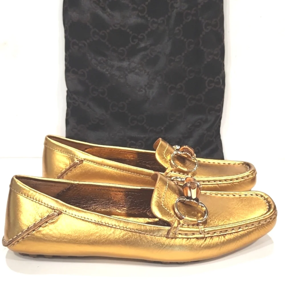 NEW!! Gucci Bamboo Horsebit Gold Leather Driving Shoes Loafers 155162  Size 5B